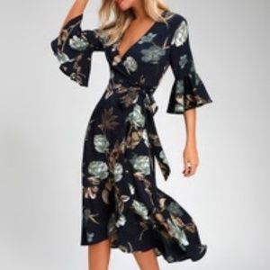 LuLu's Lt Navy Blue Floral Print Midi Wrap Dress